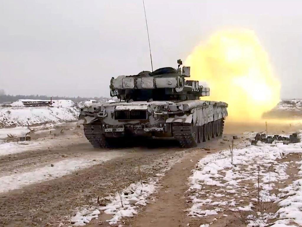 This video grab taken from a handout footage released by the Russian Defence Ministry shows Russian forces taking part in a joint military drill with Belarus' Army. Picture: Handout / Russian Defence Ministry / AFP