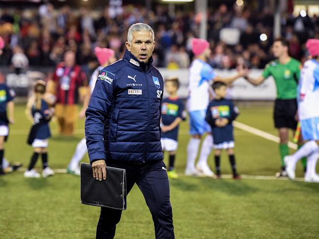 Sydney FC Head Coach Steve Corica is seen during the FFA Cup Round of 32 match between the Rockdale City Suns FC and Sydney FC at the Rockdale Ilinden Sports Centre in Sydney, Wednesday, August 1, 2018. (AAP Image/Brendan Esposito) NO ARCHIVING, EDITORIAL USE ONLY