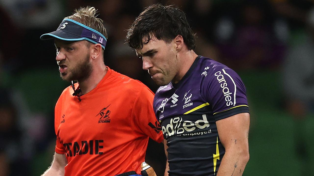 Grant Anderson is attended to by a trainer. Picture: Daniel Pockett/Getty Images