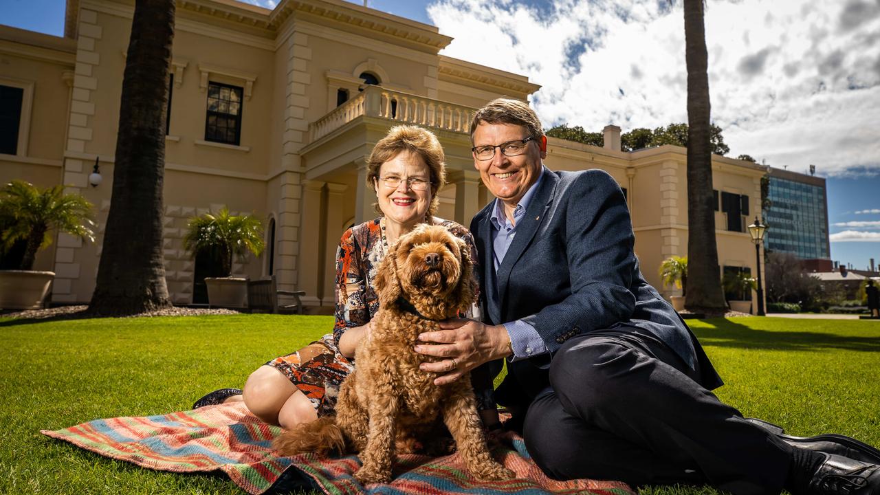 South Australian Governor Frances Adamson, with husband Rod Bunten and dog Alfie at Government House in Adelaide. Picture: Tom Huntley