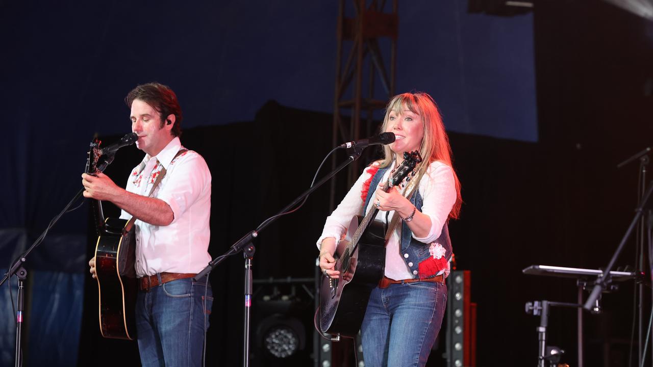 2024 Groundwater Country Music Festival has kicked off in Broadbeach. Country artists Josh Cunningham and Felicity Urquhart on stage. Picture Glenn Hampson