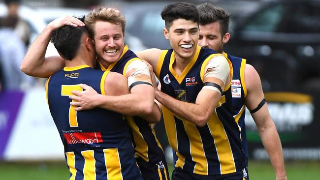 Rupertswood players celebrate a goal in last year’s RDFL grand final. Picture: James Ross