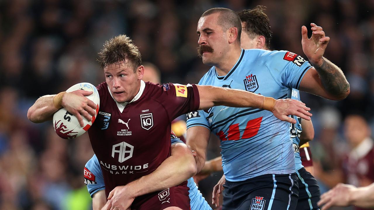 Maroons hooker Harry Grant is tackled during game three of the State of Origin series. Picture: Getty Images