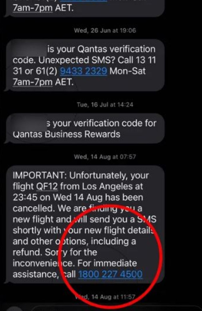 The text appeared to come from Qantas. Picture: Supplied