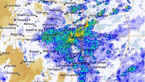 The Mt Stapylton radar as at 9am Monday, still showing rain over much of southeast Queensland, focused on coastal areas. Image: Bureau of Meteorology