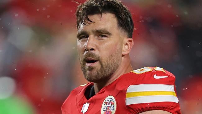 KANSAS CITY, MISSOURI - NOVEMBER 04: Travis Kelce #87 of the Kansas City Chiefs looks on before the game against the Tampa Bay Buccaneers at GEHA Field at Arrowhead Stadium on November 04, 2024 in Kansas City, Missouri. (Photo by David Eulitt/Getty Images)