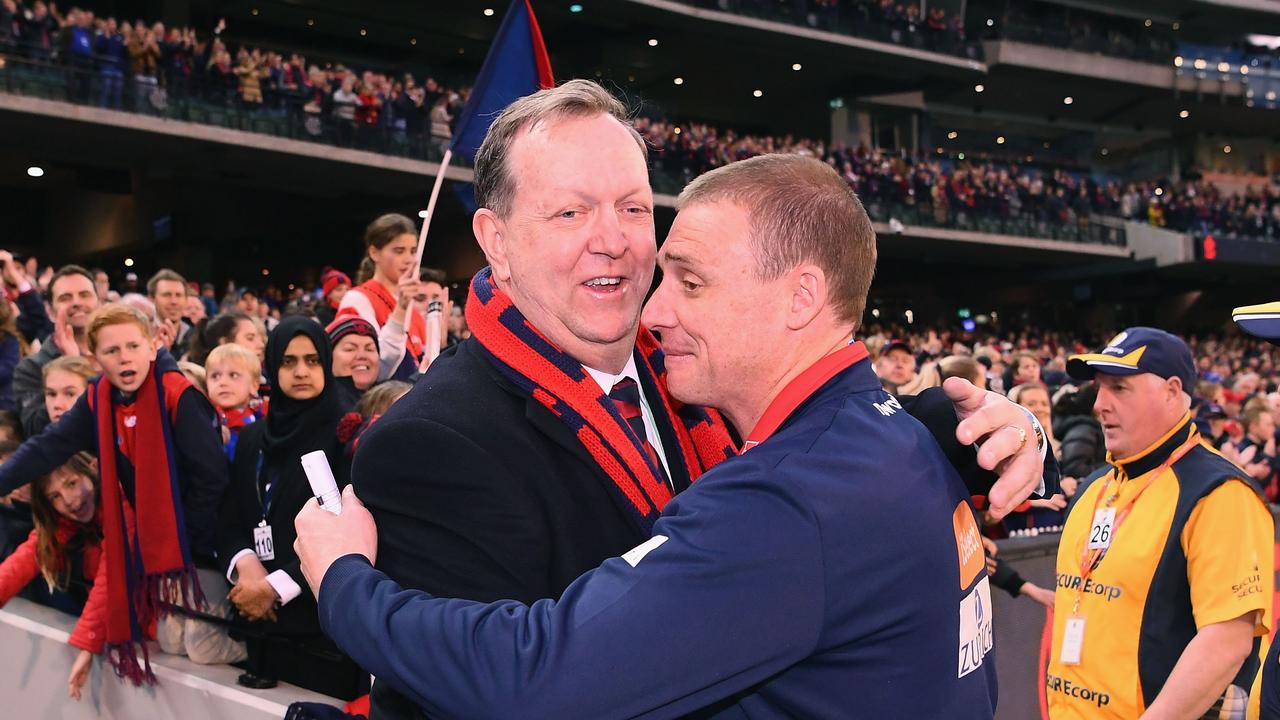 Glen Bartlett amd Simon Goodwin after defeating the Giants in Round 23 of 2018. Picture: Quinn Rooney/Getty Images