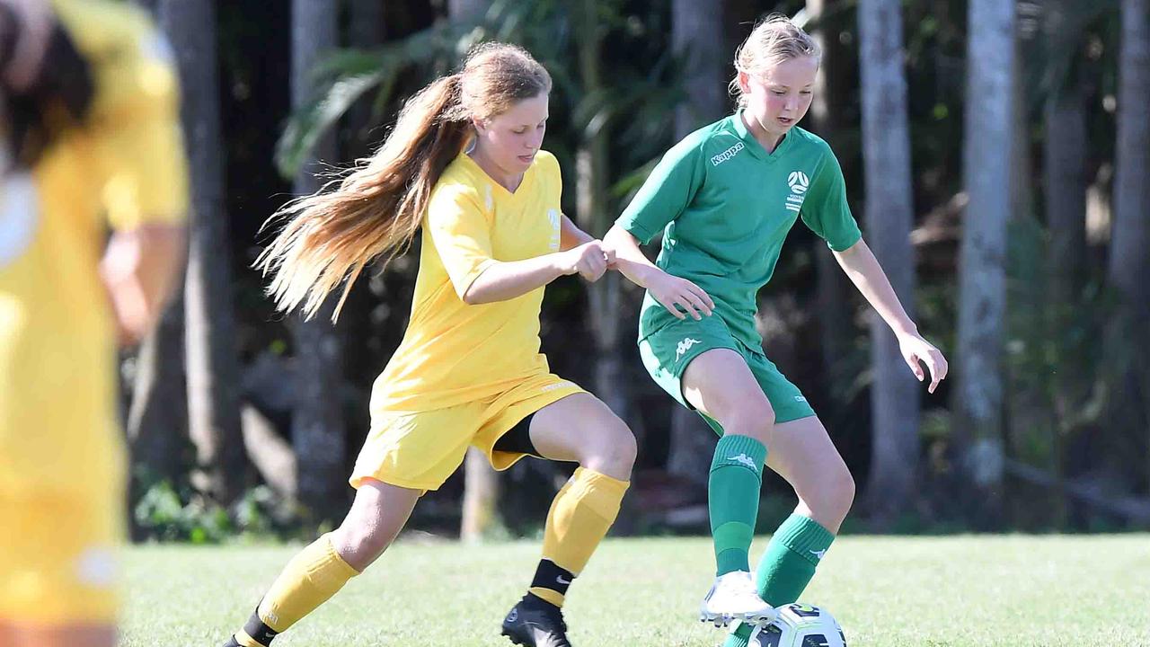 Football Queensland Community Cup carnival, Maroochydore. U13-14 girls, Sunshine Coast V Darling Downs. Picture: Patrick Woods.