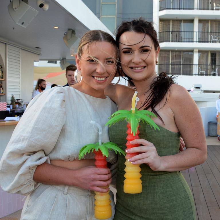 Darcy Loney and Bonnie Pickering at the opening of Cali Beach Club, Surfers Paradise. Picture: Regina King