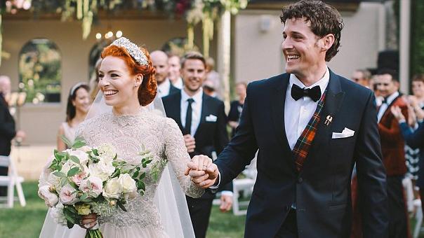 Yellow Wiggle Emma Watkins-Gillespie and Purple Wiggle Lachy Gillespie during their wedding in Bowral in 2016. Source: Supplied