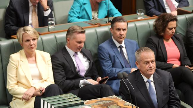 Opposition leader Bill Shorten (front right) listens to Josh Frydenberg’s budget speech last night. Picture: Getty Images