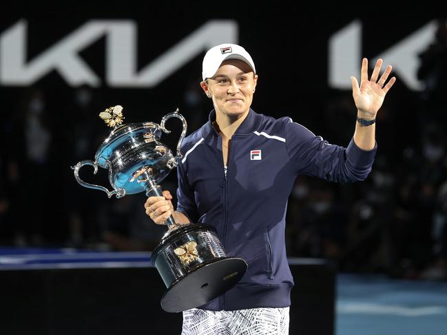 2022 Australian Open Tennis WomenÃs Final. Australian Ash Barty Vs Danielle Collins of the USA on Rod Laver Arena.  Barty holds the winners trophy after winning the womens final.                    Picture: David Caird