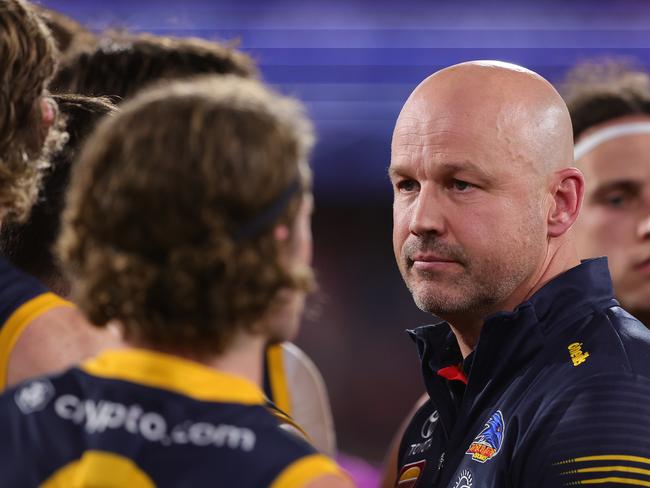 ADELAIDE, AUSTRALIA – JUNE 15: Matthew Nicks, Senior Coach of the Crows during the 2024 AFL Round 14 match between the Adelaide Crows and the Sydney Swans at Adelaide Oval on June 15, 2024 in Adelaide, Australia. (Photo by Sarah Reed/AFL Photos via Getty Images)