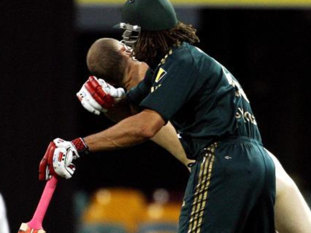 Andrew Symonds floors a streaker at the Gabba in 2008.