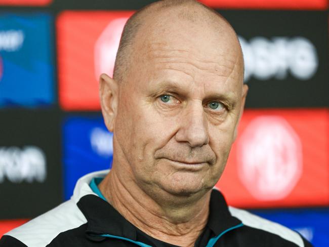 ADELAIDE, AUSTRALIA - APRIL 04:  Ken Hinkley, Senior Coach of the Power speaks to media during the Port Adelaide Power captain's run at Alberton Oval on April 04, 2024 in Adelaide, Australia. (Photo by Mark Brake/Getty Images)