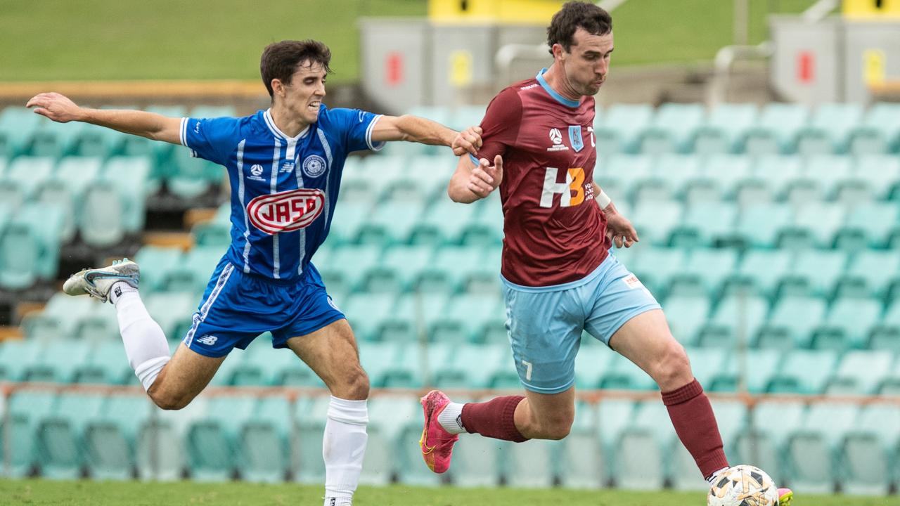 Sam Mcillhatton was booked for a foul against APIA goal scorer Jack Stewart. Picture: Julian Andrews