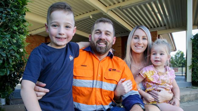 Coal miner Trent Goddard — at home with wife Danielle and their children Nash, 6, and Taylah, 2 — says the reversal is “unjust”. Picture: Liam Driver