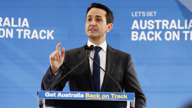 Queensland Premier David Crisafulli speaking at the campaign rally on Sunday. Picture: Lachie Millard