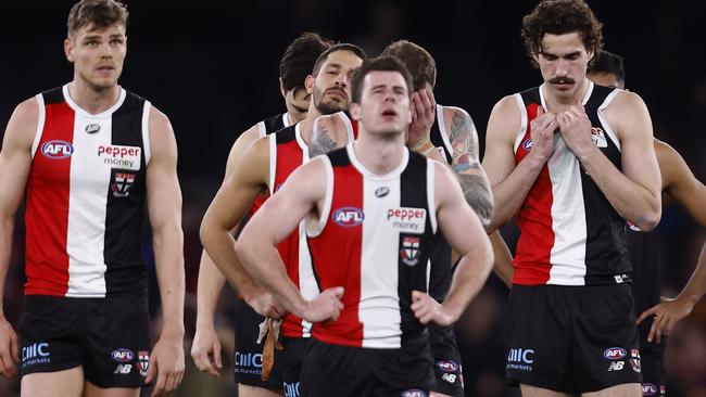 Dejected St Kilda players need a minor miracle to play finals after their latest loss. Picture: Darrian Traynor/Getty Images