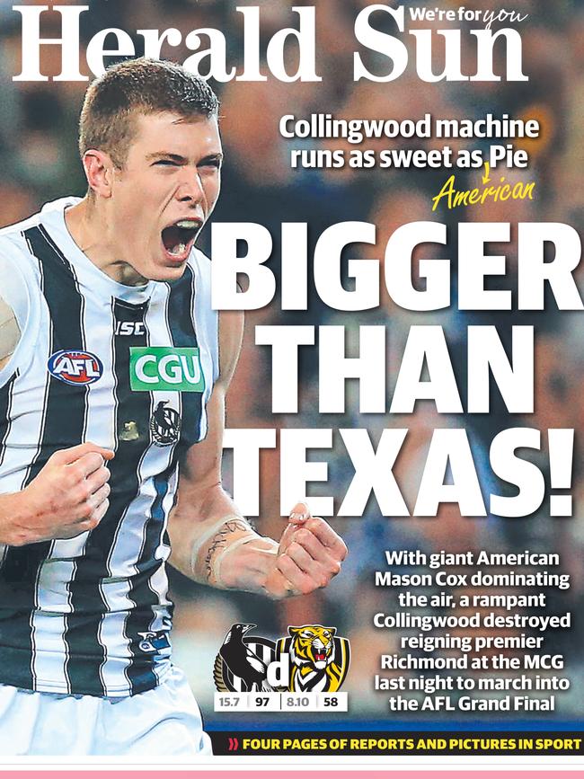 The front page of the Herald Sun after Cox’s phenomenal preliminary final.