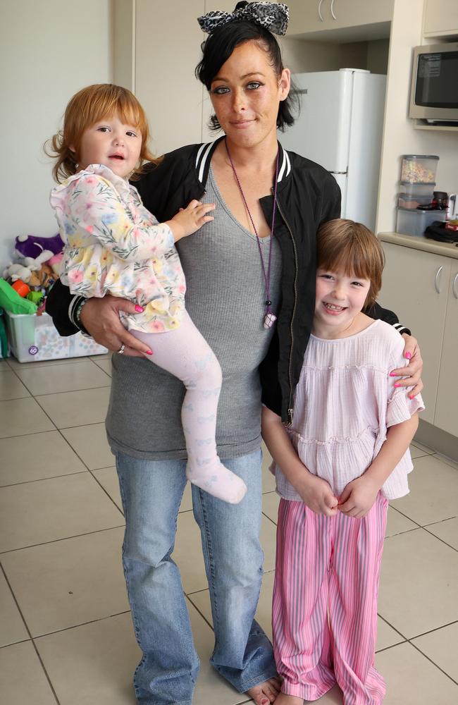 Single mother Skye Baird, 33, with her daughters Sophia, 7, and Shenayah, 2. Picture: Liam Kidston