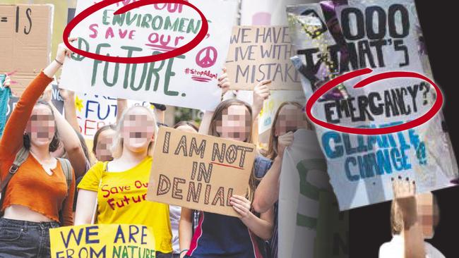 Misspelt protest signs displayed at last November’s student climate change rally. Pictures: Getty, Jenny Evans