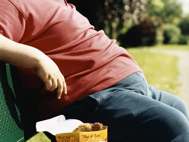 Generic view of the mid-section of an overweight man, sitting on a park bench with takeaway fried chicken food box. Stomach.