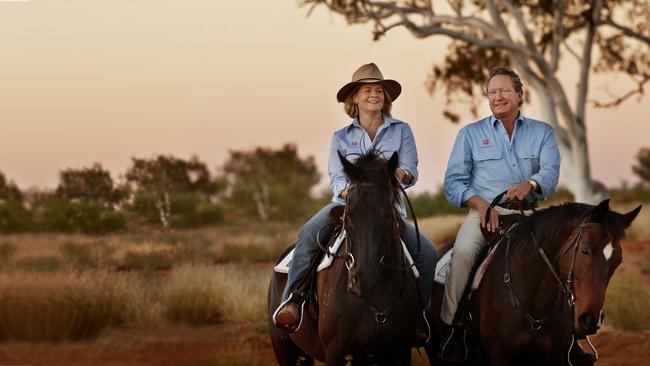 Andrew 'Twiggy' Forrest and wife Nicola on horseback at Minderoo Station, Onslow, Western Australia. Picture: Supplied