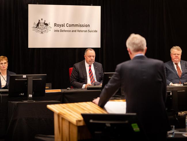 Commissioners Nick Kaldas, Dr Peggy Brown and James Douglas QC, at the Royal Commission into Defence and Veteran Suicide hearing.