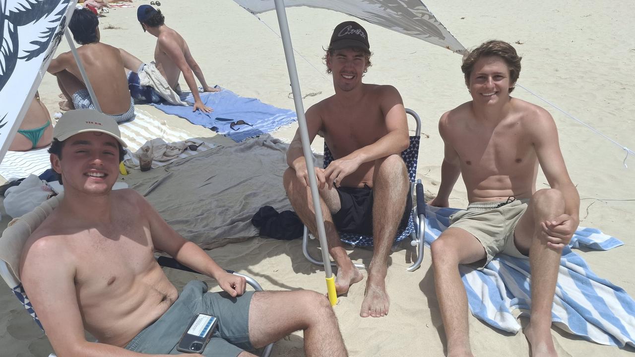 Riley Demos, 18, Sam Davis, 18, and Max Tory, 17, at Byron Bay Schoolies celebrations on November 28, 2024. Picture: Sam Stolz.