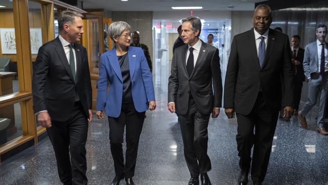 Richard Marles and Penny Wong with US Secretary of State Antony Blinken and Defence Secretary Lloyd Austin in Washington on Wednesday (AEDT). Picture: Chad J. McNeeley