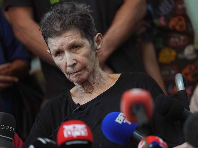 Israeli Yocheved Lifshitz, 85, holds a press conference in Tel Aviv after she was released by Palestinian militant group Hamas. Picture: AFP