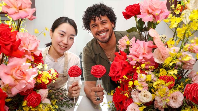 Madeleine De Proust founder and head chef Hyoju Park and Brendan Xavier who plays the beast in the Beauty and the Beast. Picture: Brendan Beckett