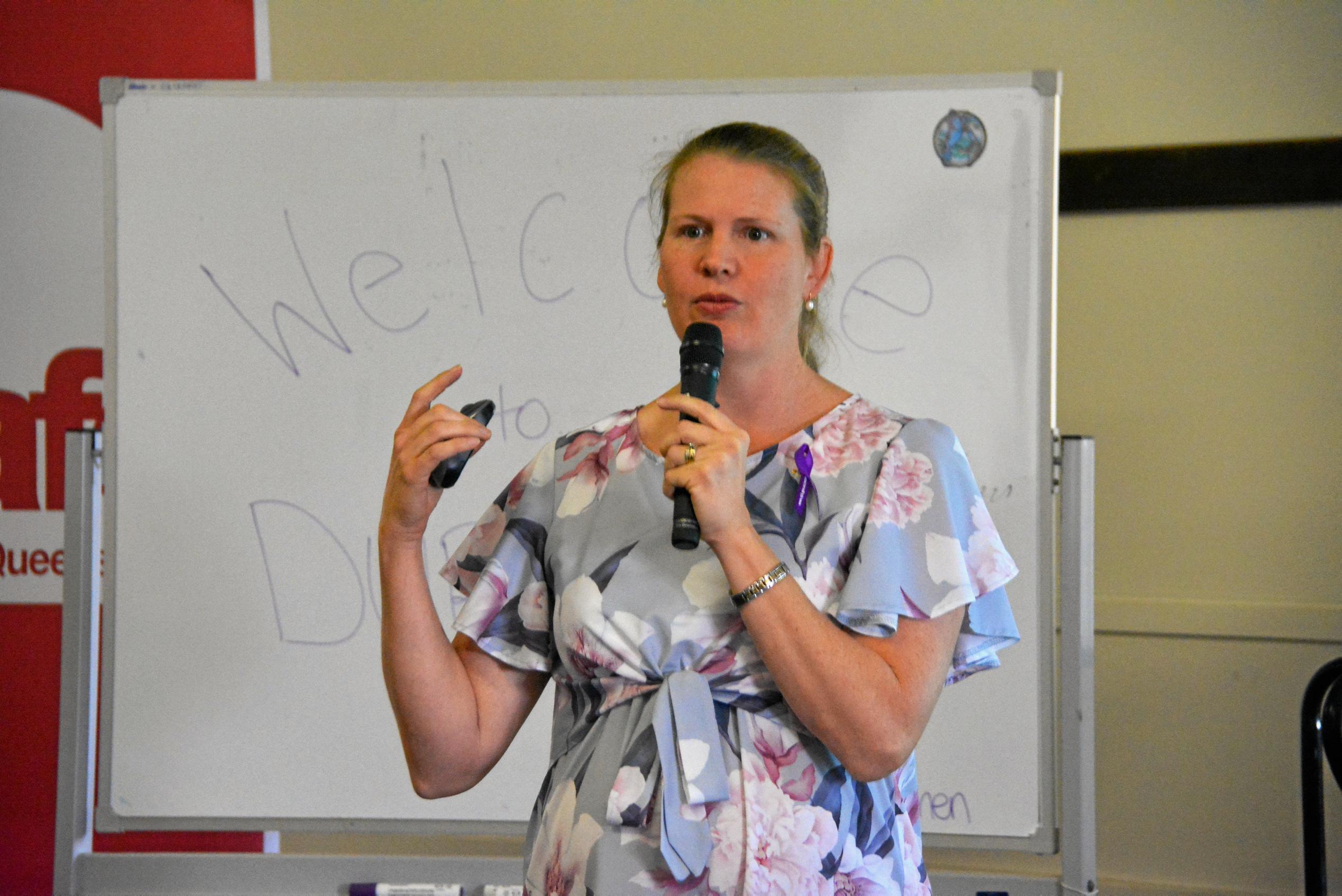 Terena Staib talks about overcoming barriers at the Burnett Inland's Women in Ag Day in Durong on March 3. Picture: Jessica McGrath