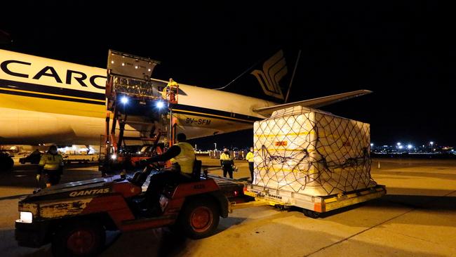 A shipment of 500,000 Pfizer COVID-19 vaccines arrives into Sydney International Airport from Singapore. Picture: Gaye Gerard/NCA NewsWire