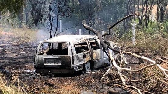 The Volvo being driven by Raquel Betty Lawrie crashed and burst into flames on Manns Rd, Emu Park, on November 7, 2022. Pic: RACQ Capricorn Rescue.