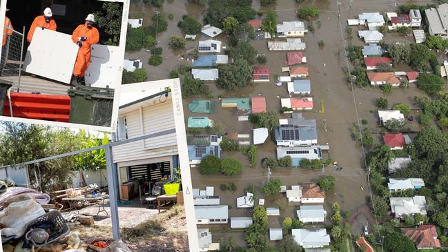 Many residents and business owners are still struggling after the floods. Main image, flooding in Rocklea and (inset top) Toombul Shopping Centre clean-up and (inset bottom) flood clean-up in the westside.