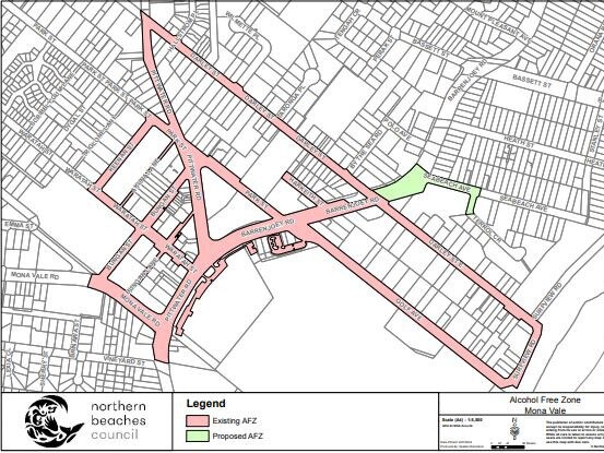 A map showing the existing, and extended, Alcohol Free Zone around the Mona Vale town centre. Picture: Northern Beaches Council