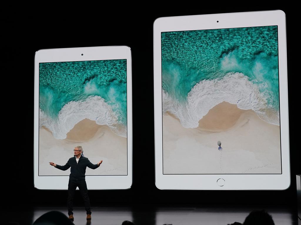 Tim Cook, CEO of Apple unveils the company’s new iPads at an event in New York. Picture: AFP