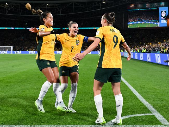 The Matildas celebrate s a goal during the Women's World Cup match against Denmark at Stadium Australia on August 07, 2023 in Sydney, Australia. Picture: Getty Images