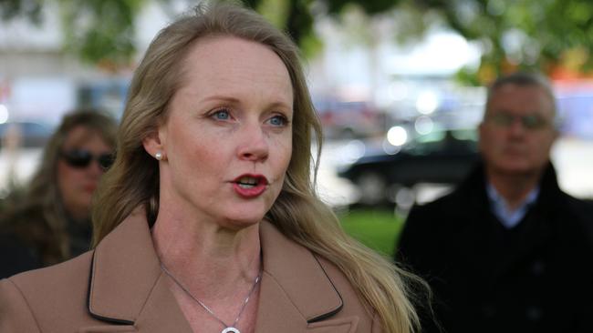 Education and Training Minister Sarah Courtney speaks to the media on Parliament Lawns in Hobart on Tuesday, November 16, 2021.