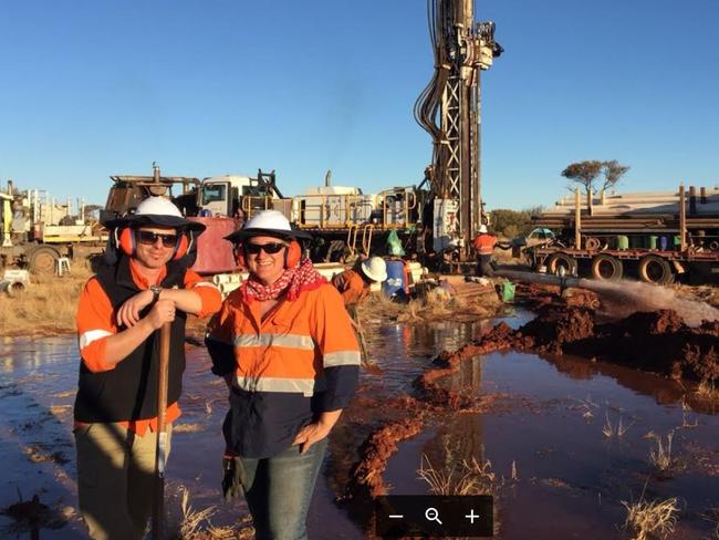 G-FLOWS project leader and DEW senior hydrogeologist Adrian Costar and senior geologist Dr Carmen Krapf successfully striking new groundwater in the first water well into the palaeovalley near Fregon - picture DEW