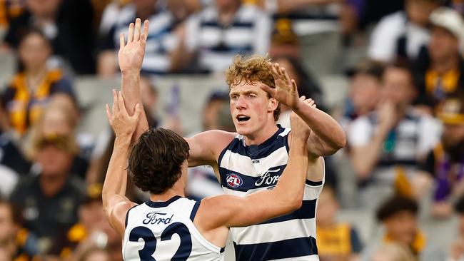 Gryan Miers celebrates with Toby Conway. Picture: Michael Willson/AFL Photos via Getty Images