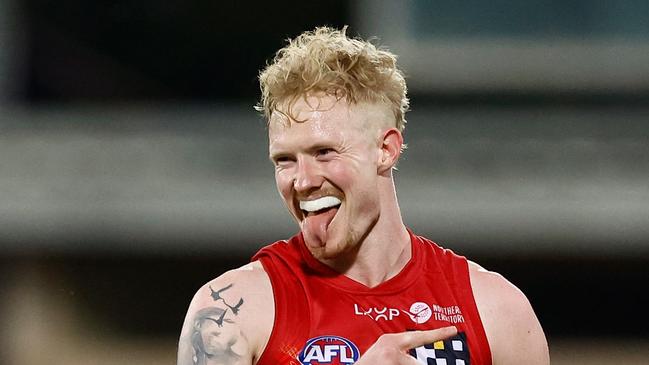 DARWIN, AUSTRALIA - MAY 10: John Noble of the Suns celebrates during the 2025 AFL Round 09 match between the Gold Coast Suns and the Western Bulldogs at TIO Stadium on May 10, 2025 in Darwin, Australia. (Photo by Michael Willson/AFL Photos via Getty Images)