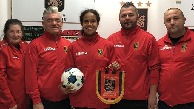 Mary Fowler with Bankstown City FC officials before she left for France: Women's convener Denise Hinton, president Zac Gulevski, director Sash Talevski and vice-president Nick Kuzmanoski