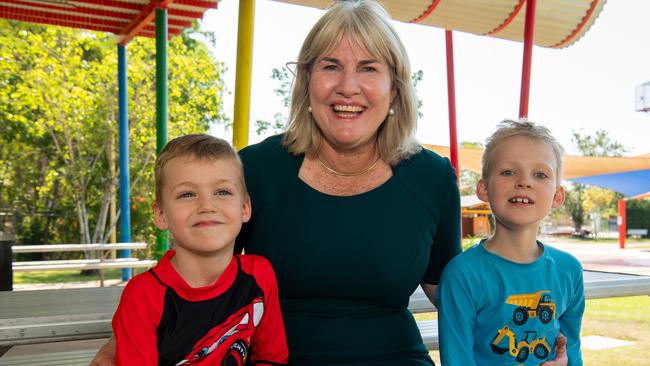 Chief Minister Eva Lawler with her grandsons Dino and Lenny Dixon at the Palmerston Water Park. Picture: Pema Tamang Pakhrin.