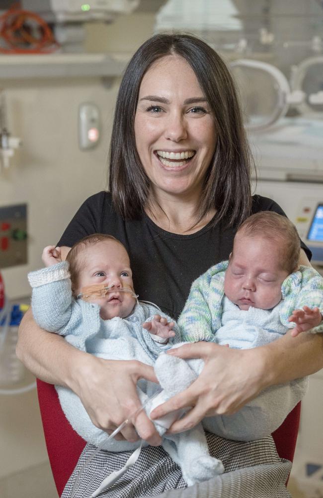 Zoe Starr with twins Sid and Otto at the Royal Womens Hospital. Picture: Jason Edwards