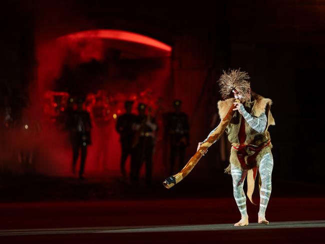 Australian Army Corporal Cody Harris from the Australian Army Band, plays the didgeridoo during the Australian Army's performance at the Basel Tattoo in Switzerland on 22 July 2024. PHOTO: SGT Brodie Cross