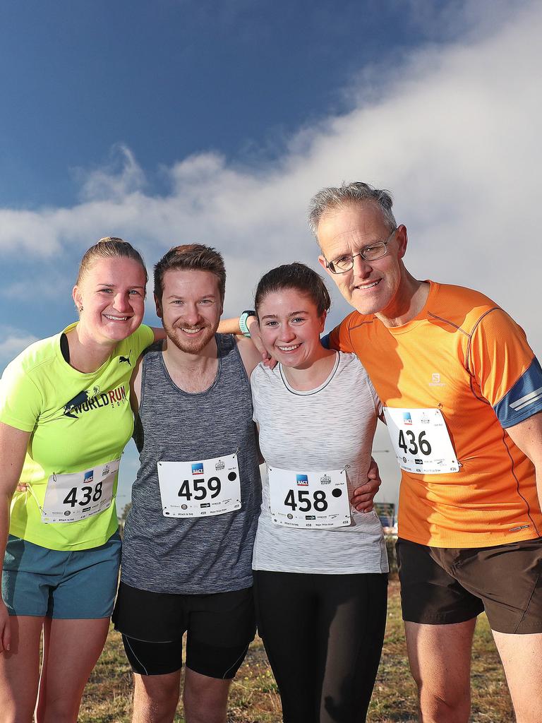 (L-R) Jess Bugeja, Zac Cooke, Sophie Briggs and Christopher Bitt about to start running in the 11km 2019 City to Casino. Picture: LUKE BOWDEN