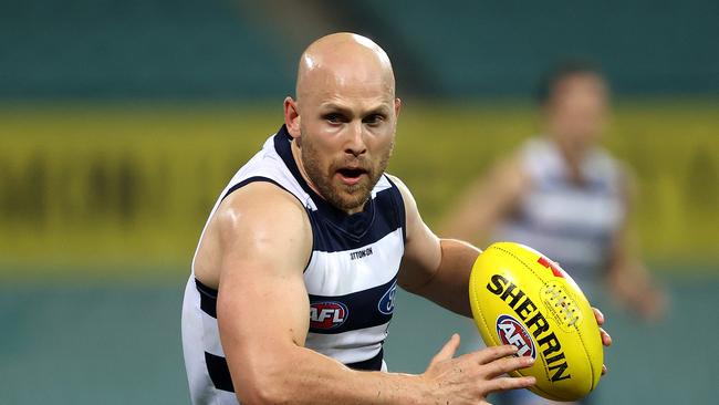 Geelong star Gary Ablett won’t be able to fly t Queensland until September 1. Picture: Phil Hillyard